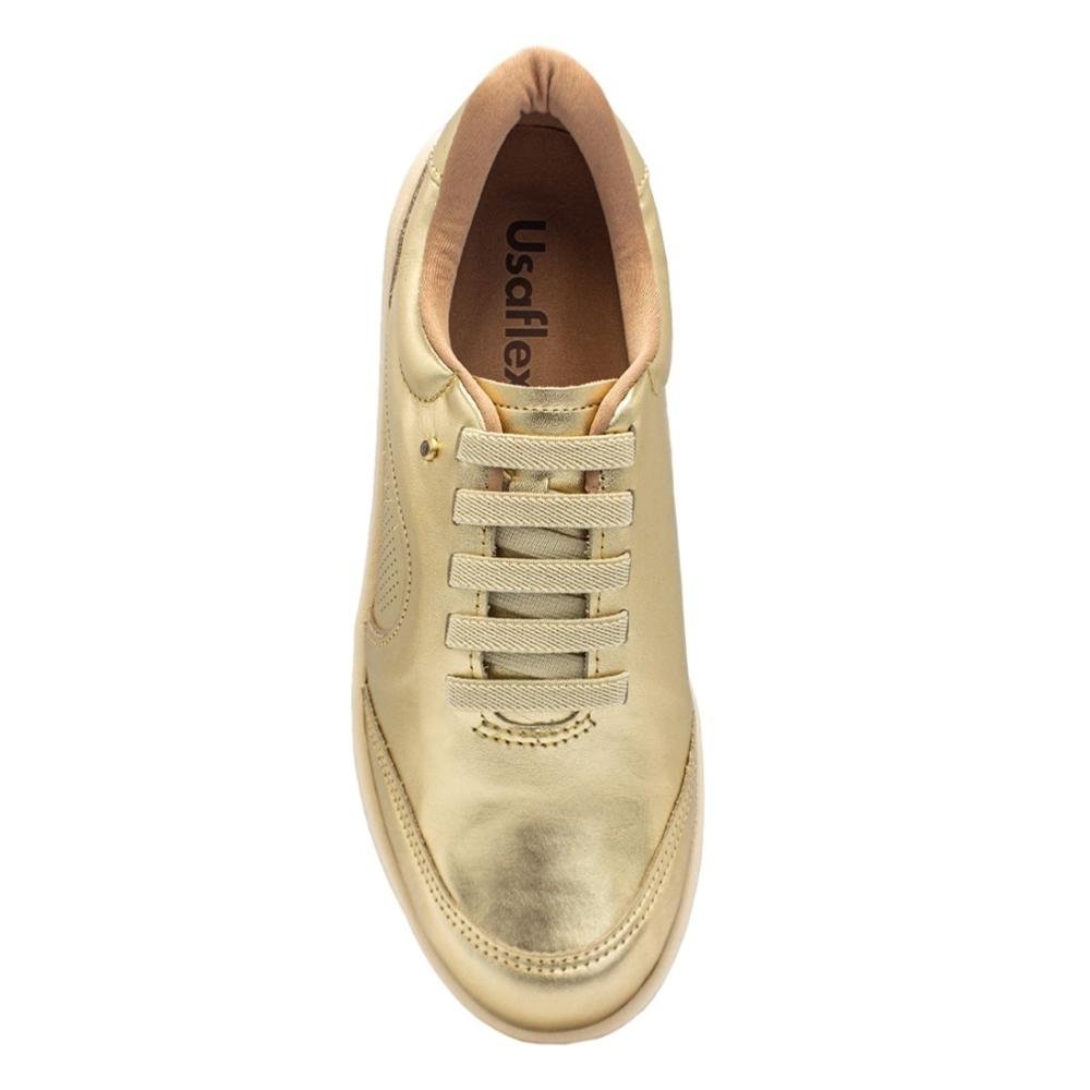 Tênis Usaflex Feminino Básico Couro e Elástico Conforto Casual UC0601 Dourado 3