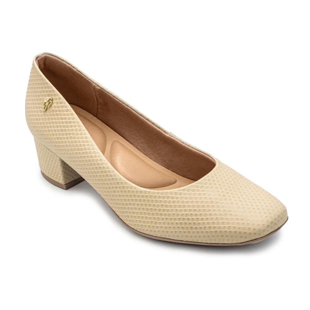 Scarpin Usaflex Feminino Em Couro Salto Bloco Textura AL4501 Bege 2