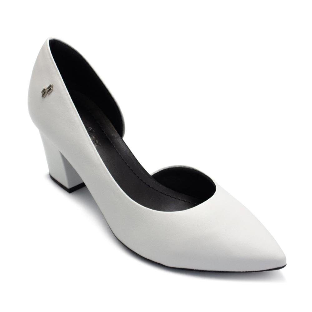 Scarpin Usaflex Feminino Em Couro Salto Bloco Bico Fino Detalhe Costura AL4105 Branco 2