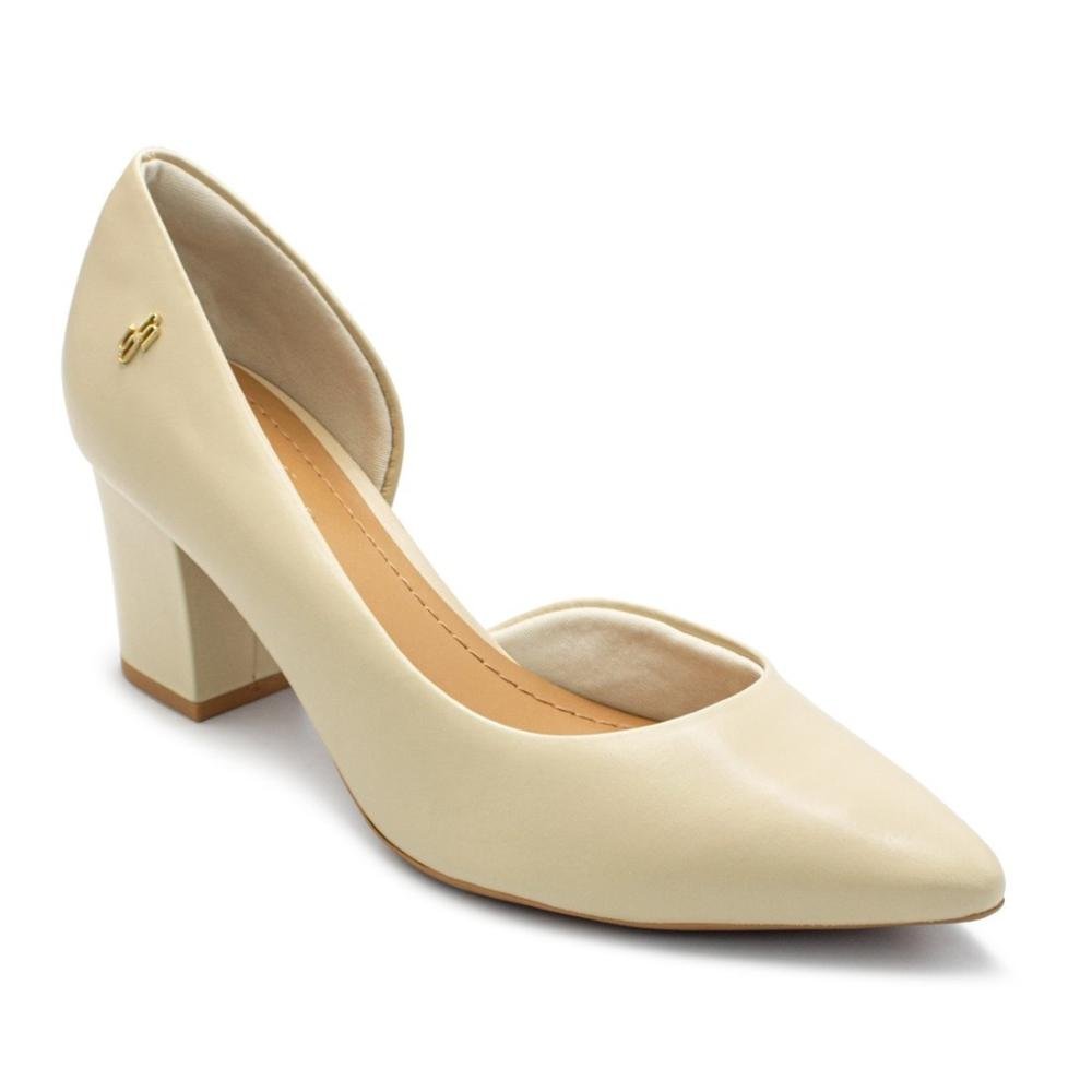 Scarpin Usaflex Feminino Em Couro Salto Bloco Bico Fino Detalhe Costura AL4105 Bege 2