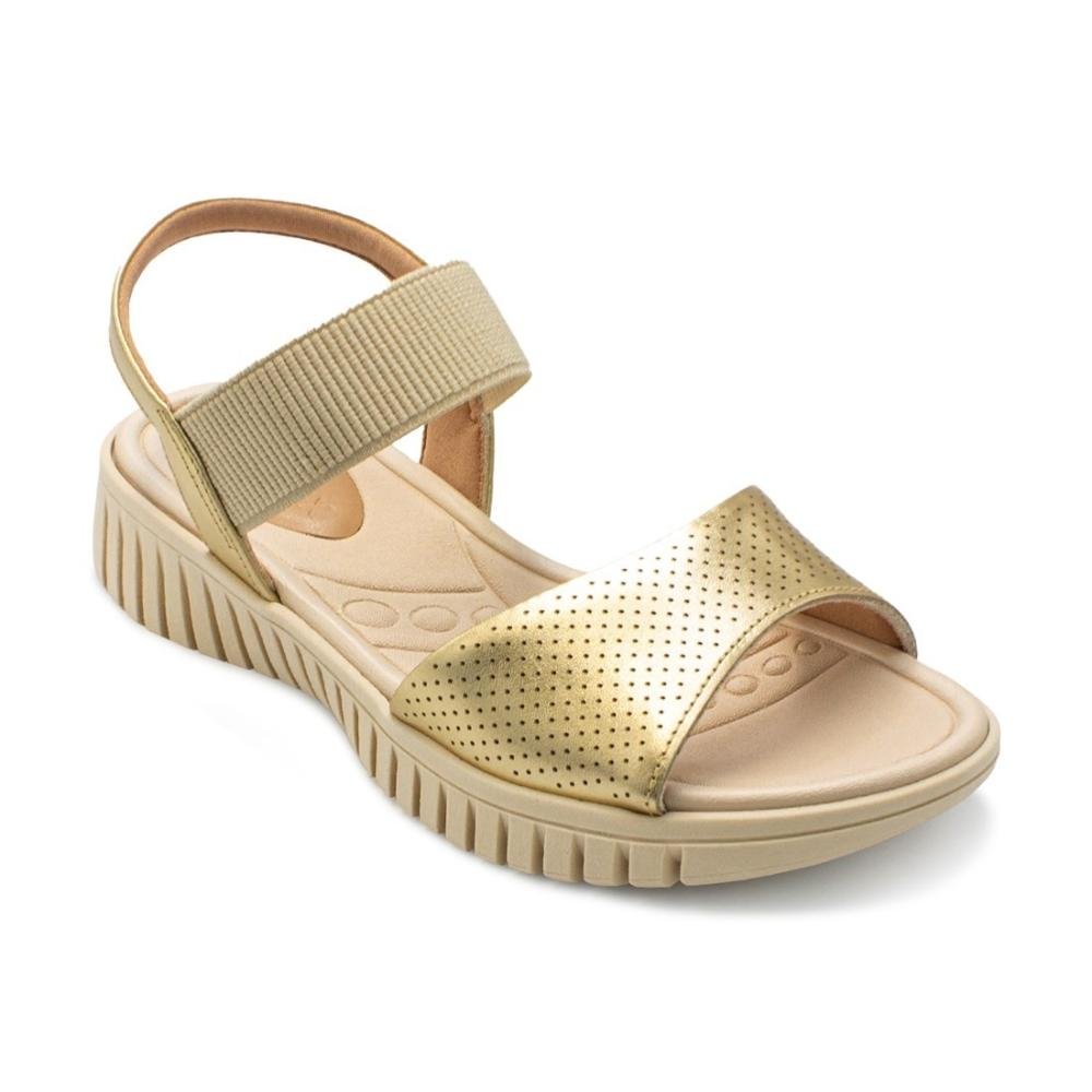 Sandália Usaflex Feminina Em Couro Salto Plataforma Tira Elástico UC0401 Dourado 2