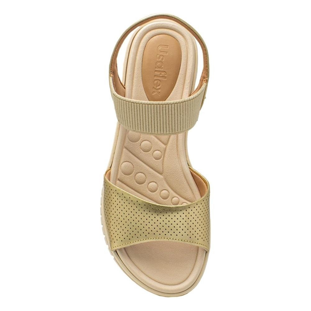 Sandália Usaflex Feminina Em Couro Salto Plataforma Tira Elástico UC0401 Dourado 3