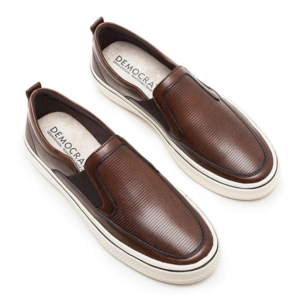Tênis De Couro Democrata Masculino Slip On Denim Fender Elástico 290201 Marrom Escuro 2