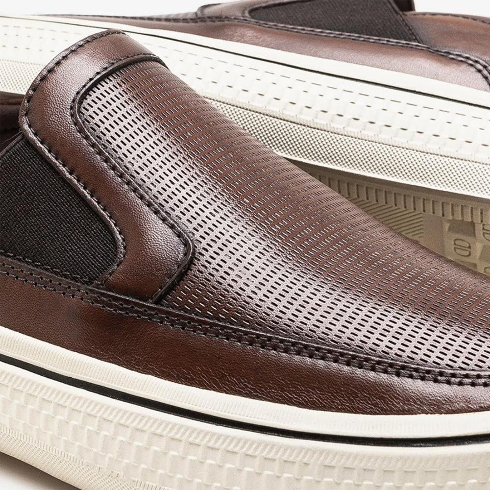 Tênis De Couro Democrata Masculino Slip On Denim Fender Elástico 290201 Marrom Escuro 3