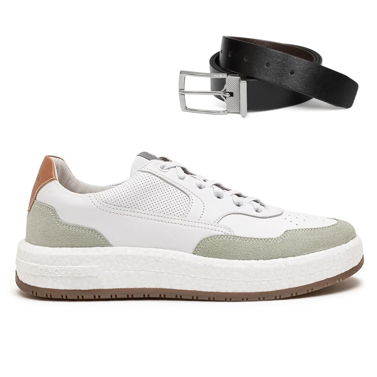 Tênis Democrata Couro Denim Drake Pulse + Cinto Dupla Face
