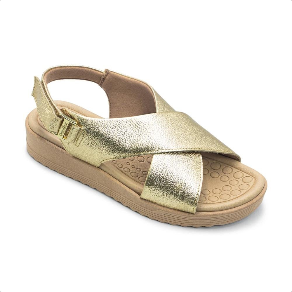 Sandália Usaflex Feminina Couro Salto Anabela Ajuste Fecho-Flex Casual MA10005 Dourado 2