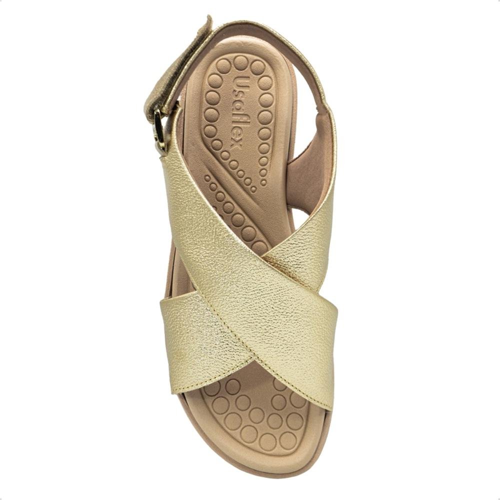 Sandália Usaflex Feminina Couro Salto Anabela Ajuste Fecho-Flex Casual MA10005 Dourado 3