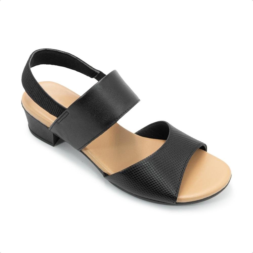 Sandália Usaflex Feminina Couro Salto Bloco Elástico Calcanhar Casual PA02002 Preto 2
