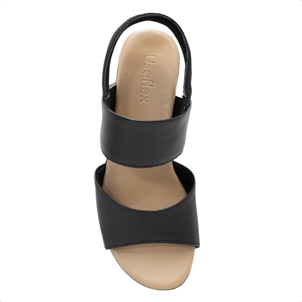 Sandália Usaflex Feminina Couro Salto Bloco Elástico Calcanhar Casual PA02002 Preto 1