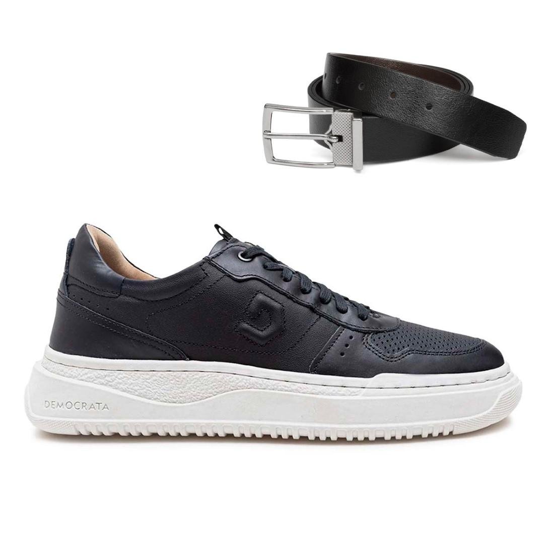 Tênis De Couro Democrata Masculino Denim Block 240501+Cinto Masculino Dupla Face 1