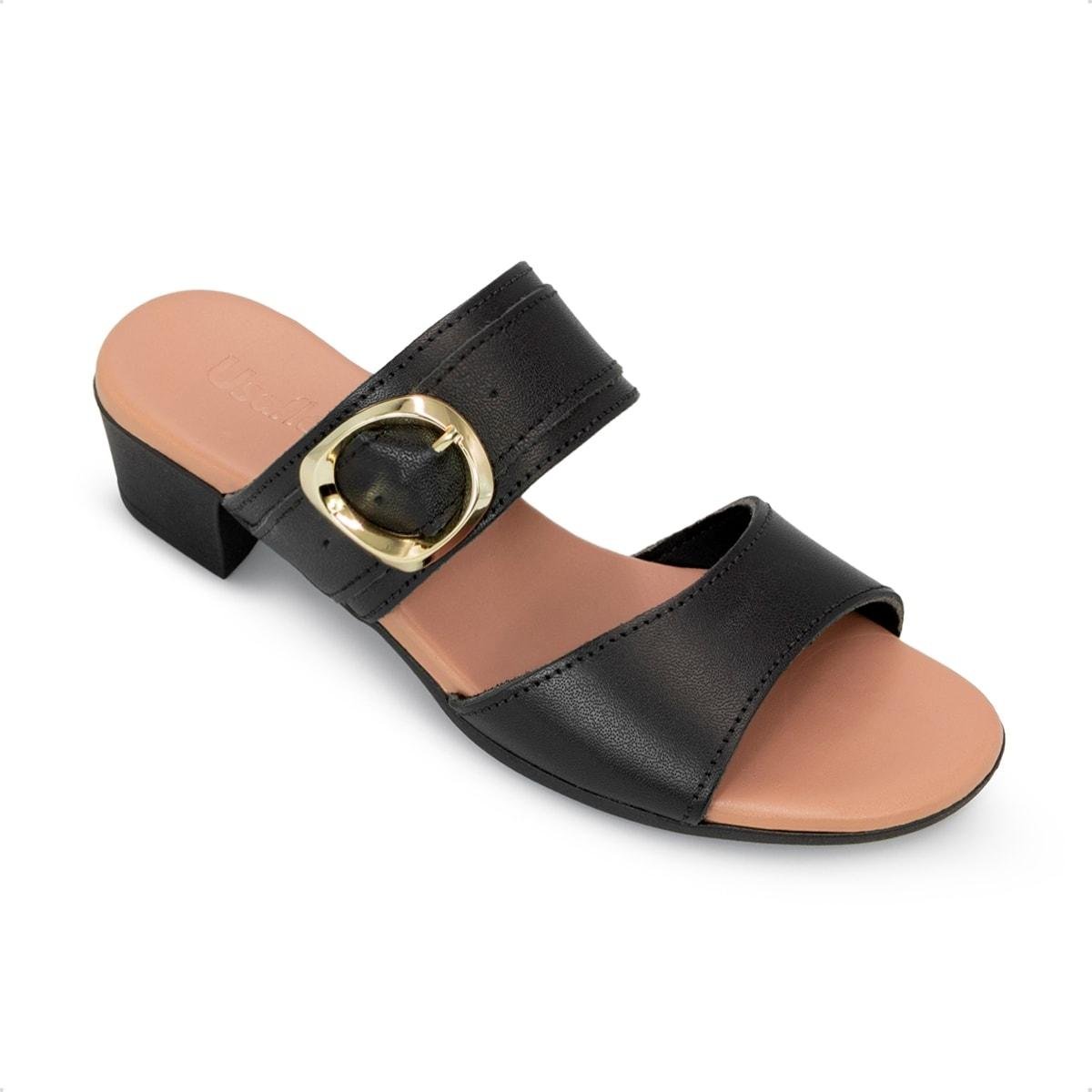 Tamanco Usaflex Feminino Salto Bloco Couro Fivela UD12001 Preto 2