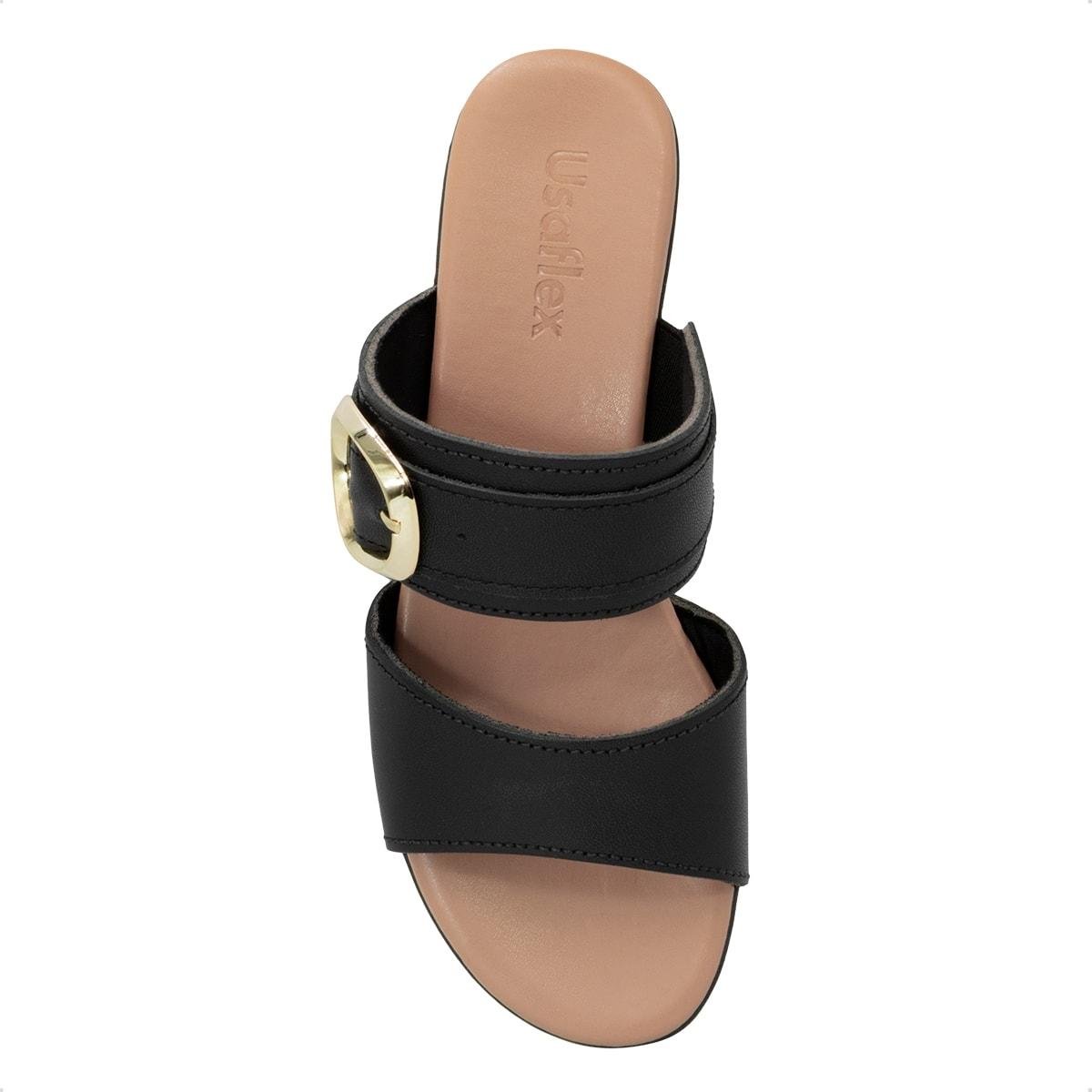 Tamanco Usaflex Feminino Salto Bloco Couro Fivela UD12001 Preto 3