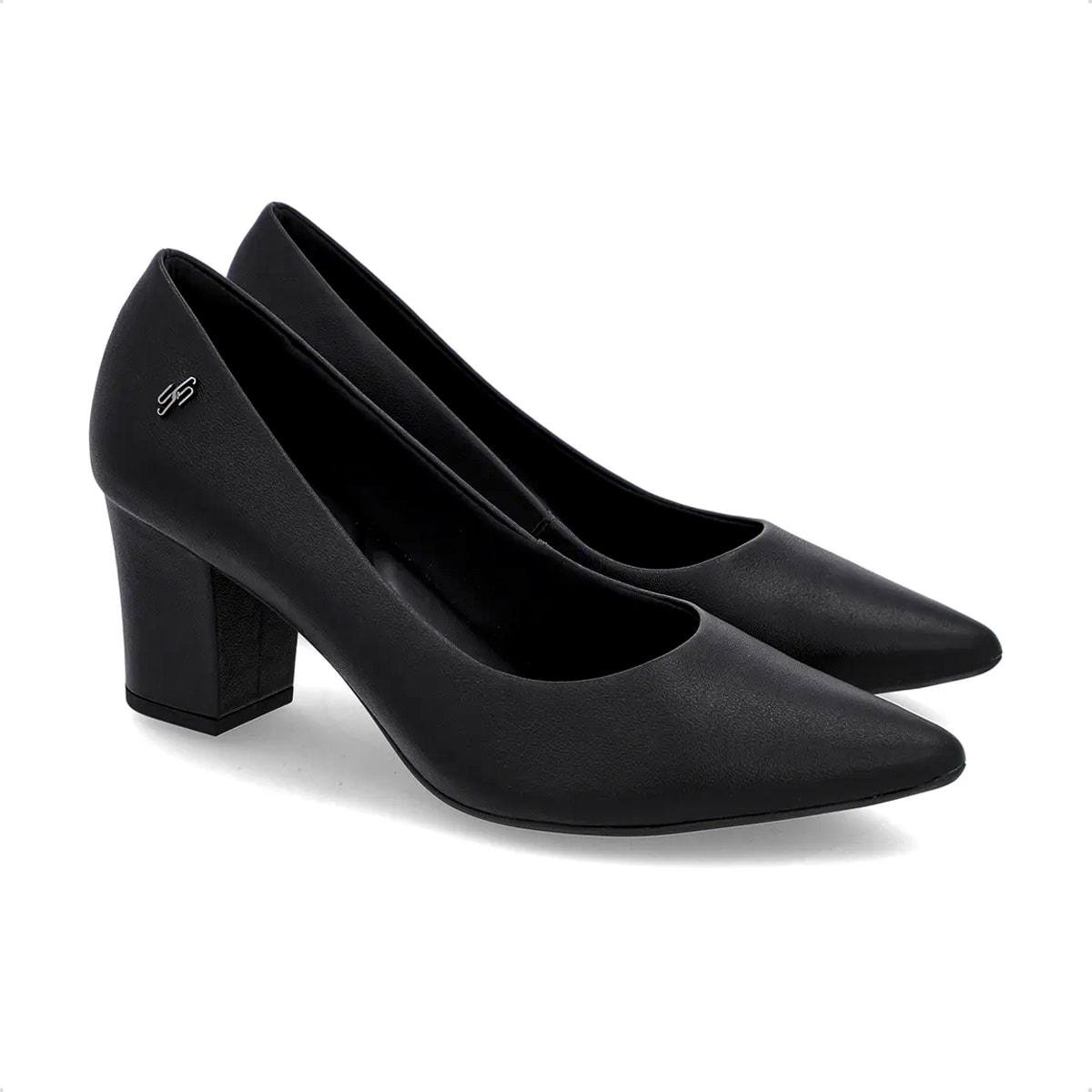 Scarpin Usaflex Feminino Salto Bloco Couro Bico Fino EP02001 Preto 2