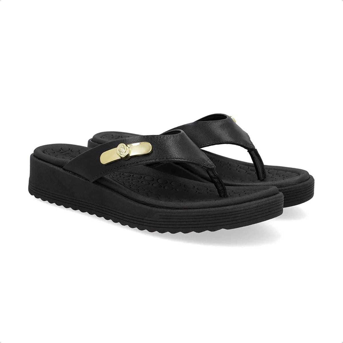 Chinelo Usaflex Feminino Salto Baixo Couro Enfeite Casual UD13001 Preto 2