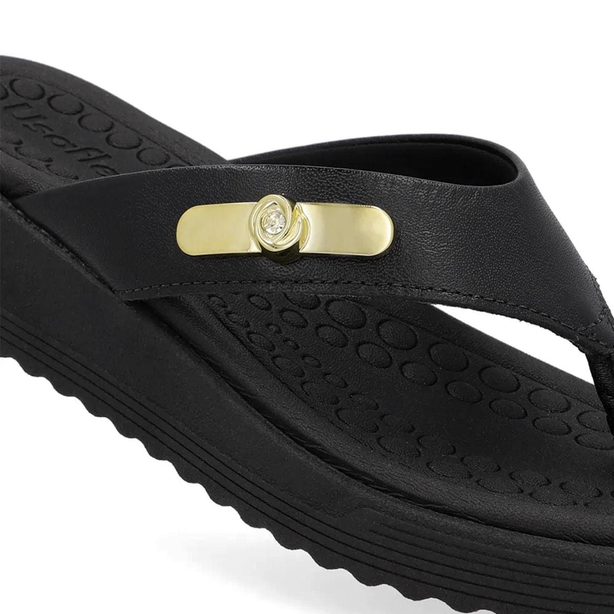Chinelo Usaflex Feminino Salto Baixo Couro Enfeite Casual UD13001 Preto 3