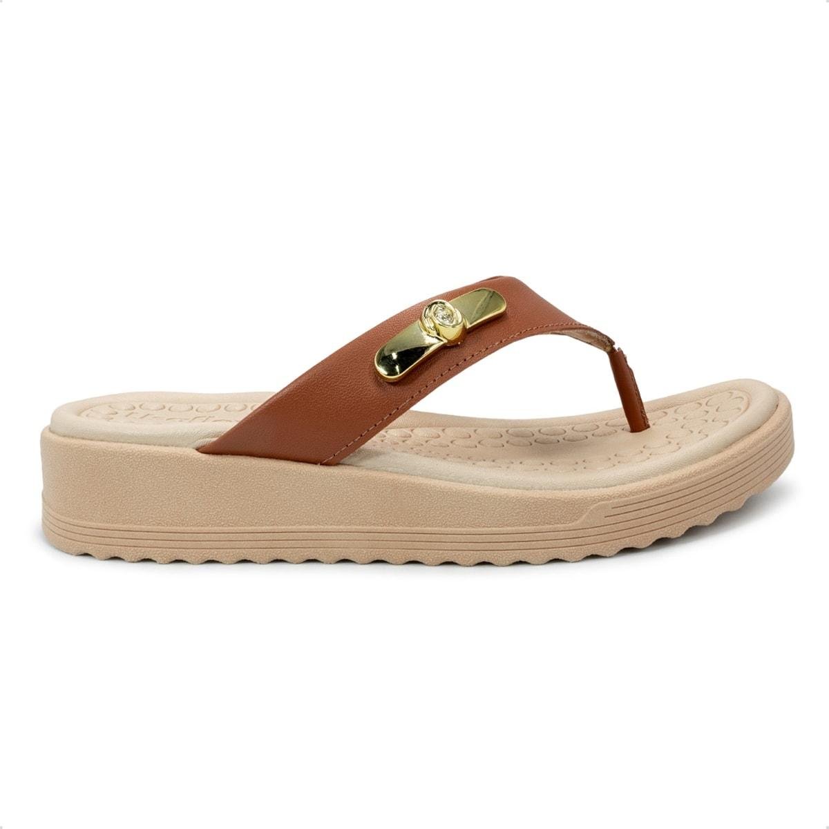 Chinelo Usaflex Feminino Salto Baixo Couro Enfeite Casual UD13001 Caramelo 1