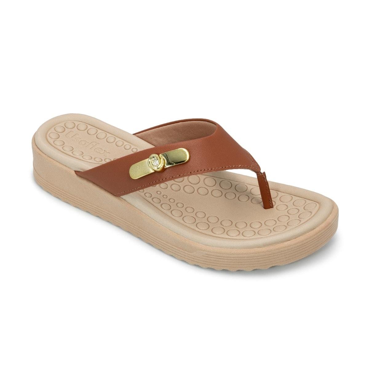 Chinelo Usaflex Feminino Salto Baixo Couro Enfeite Casual UD13001 Caramelo 2
