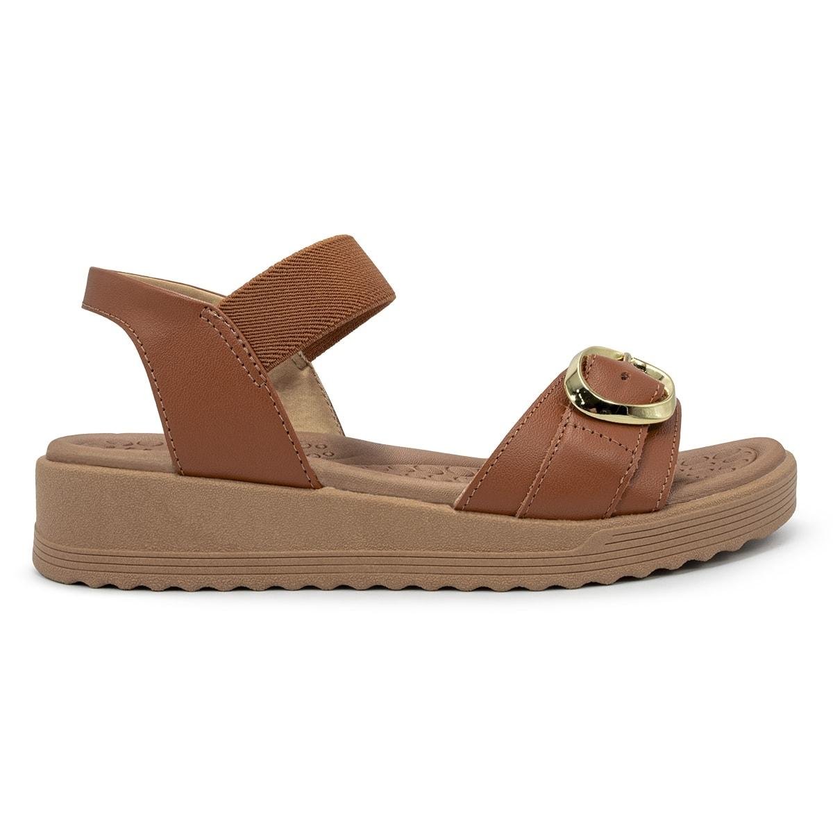 Sandália Usaflex Feminina Salto Anabela Fivela Couro Casual UD13002 Caramelo 1