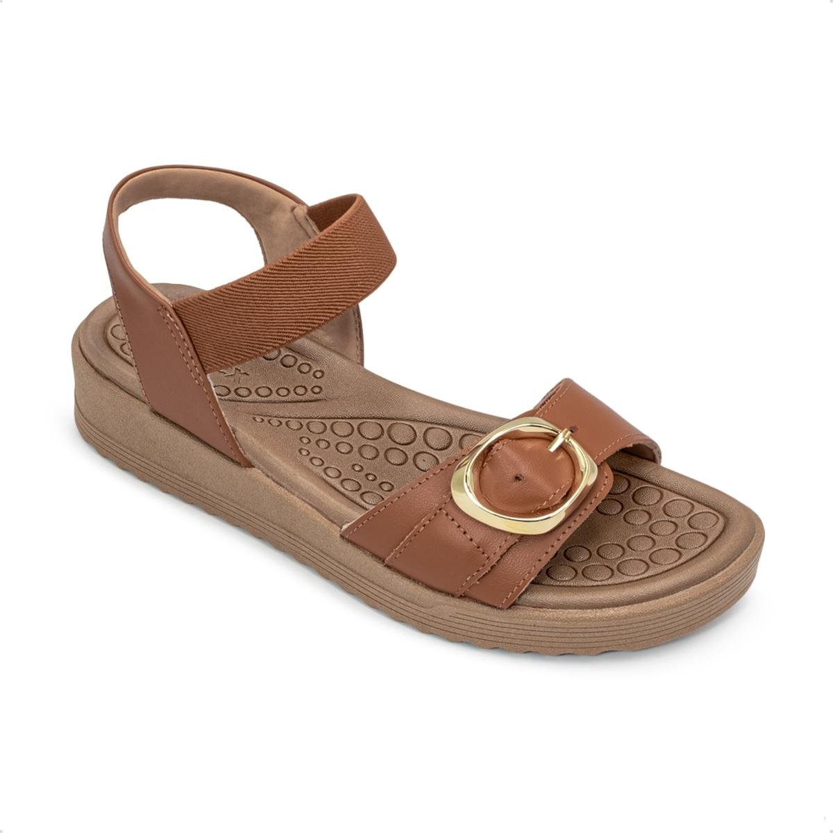 Sandália Usaflex Feminina Salto Anabela Fivela Couro Casual UD13002 Caramelo 2