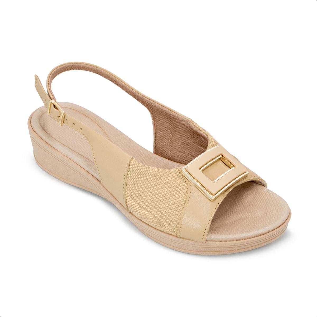 Sandália Usaflex Feminina Slingback Salto Anabela Couro Casual Joanetes UD04003 Bege 2