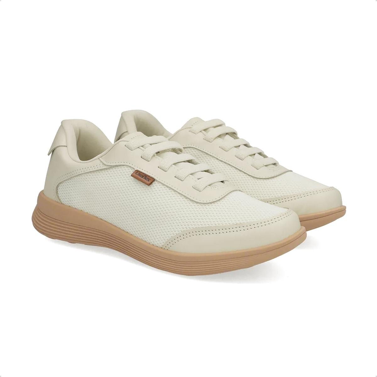 Tênis Usaflex Feminino Couro Lateral Tecido Casual UD02006 Areia 2