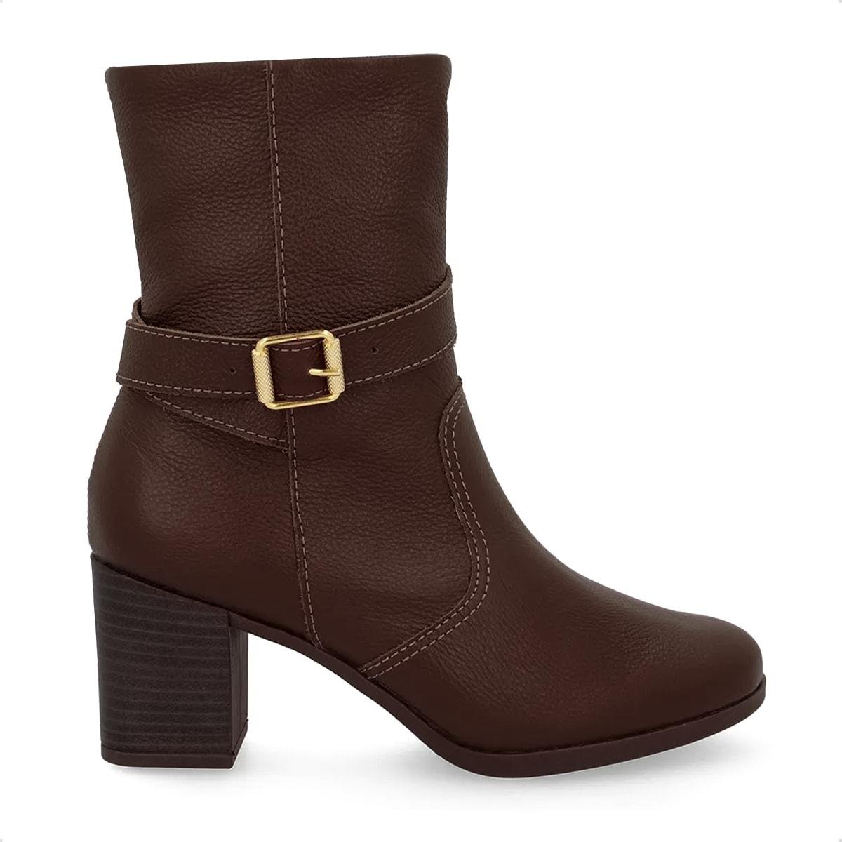 Bota Usaflex Feminina Em Couro Salto Bloco Tira Fivela AP05001