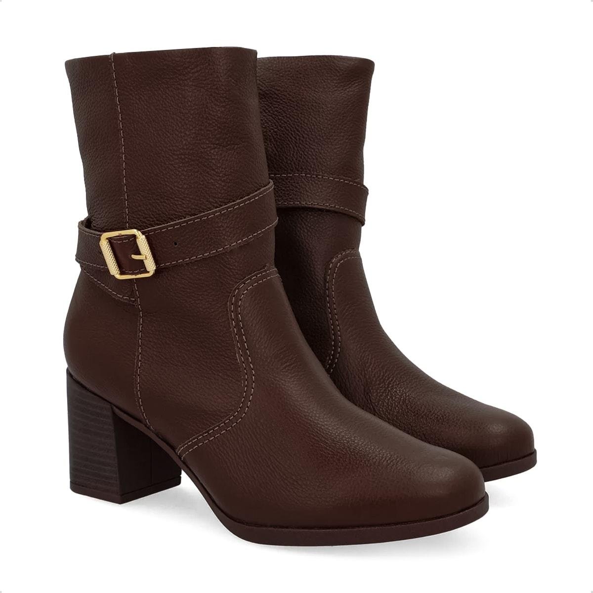 Bota Usaflex Feminina Em Couro Salto Bloco Tira Fivela AP05001 Marrom Escuro 2