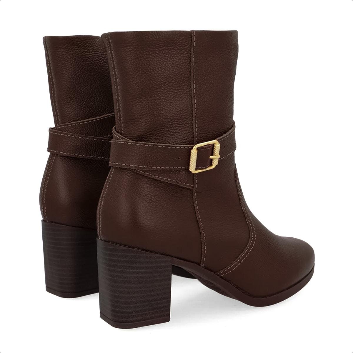 Bota Usaflex Feminina Em Couro Salto Bloco Tira Fivela AP05001 Marrom Escuro 4