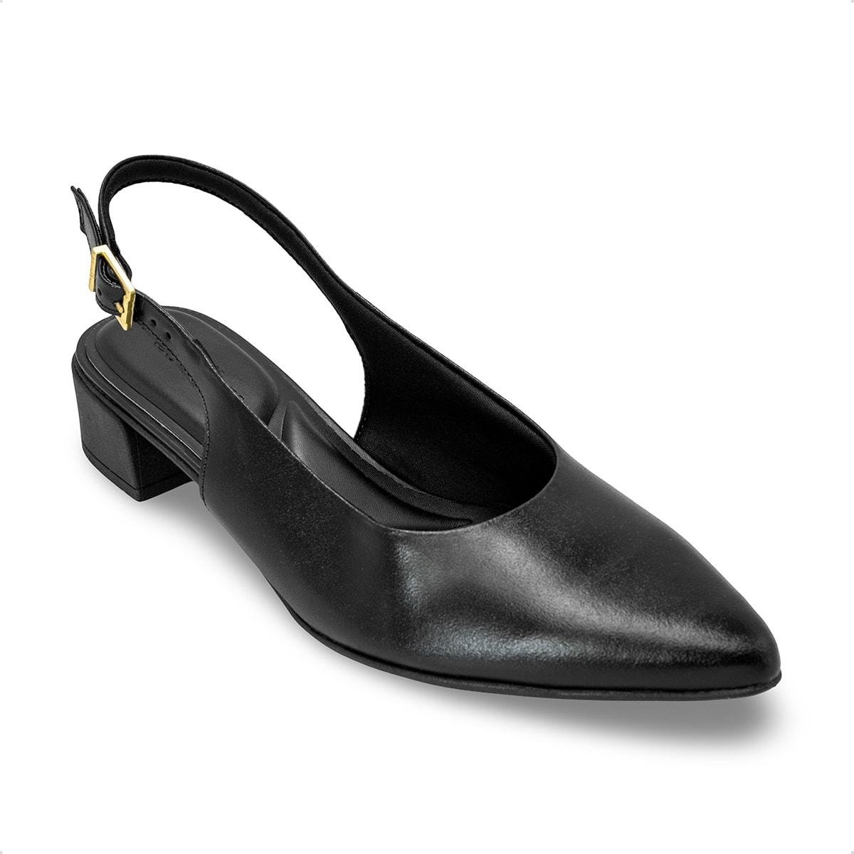 Scarpin Slingback Usaflex Feminino Salto Bloco Couro Bico Fino Casual UD27001 Preto 2