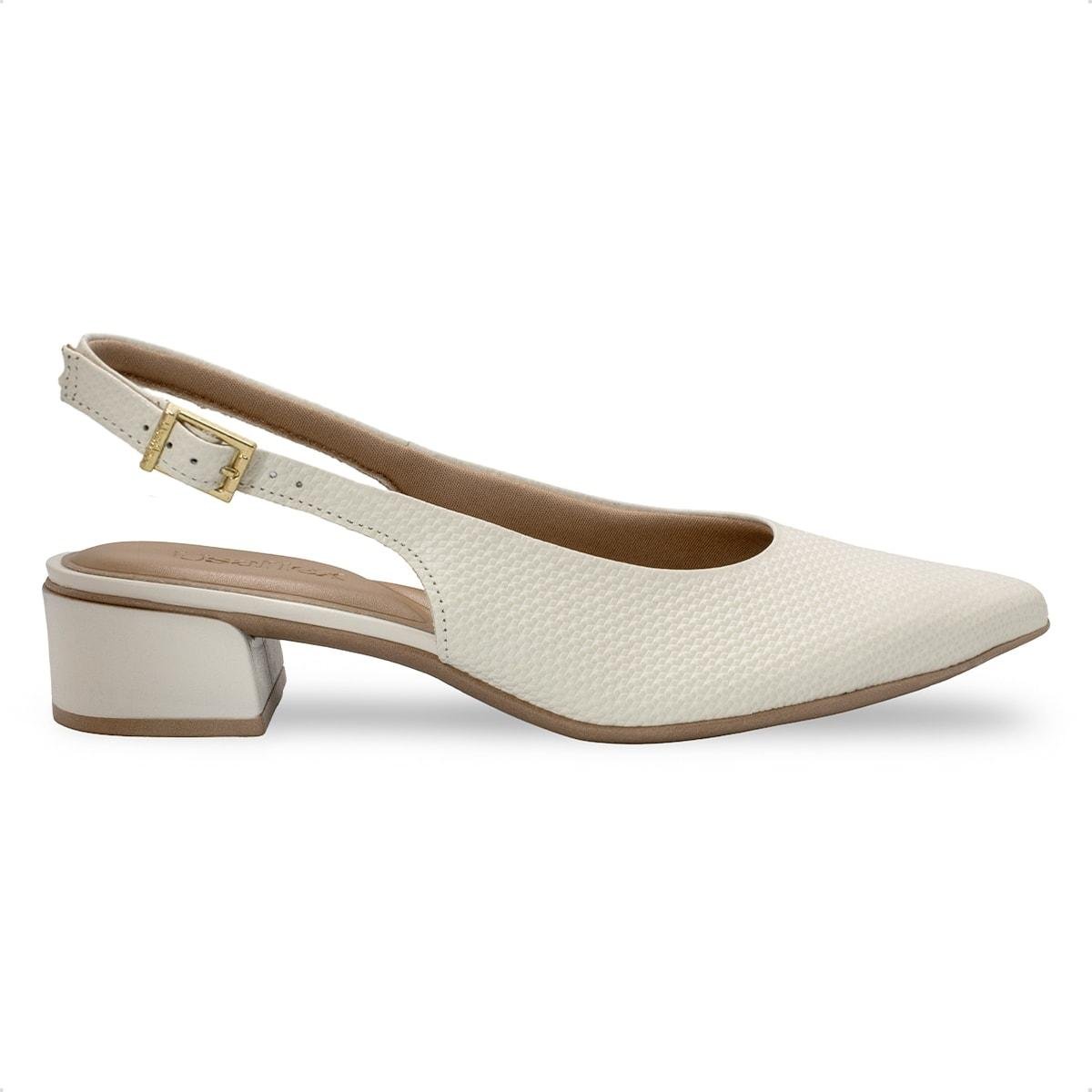 Scarpin Slingback Usaflex Feminino Salto Bloco Couro Bico Fino Casual UD27001 Off White 1