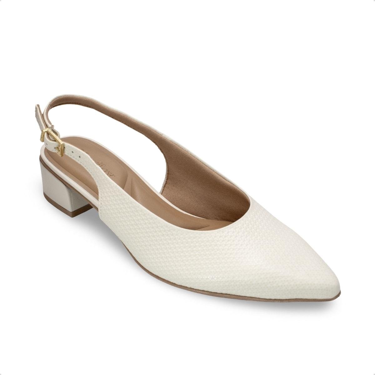 Scarpin Slingback Usaflex Feminino Salto Bloco Couro Bico Fino Casual UD27001 Off White 2