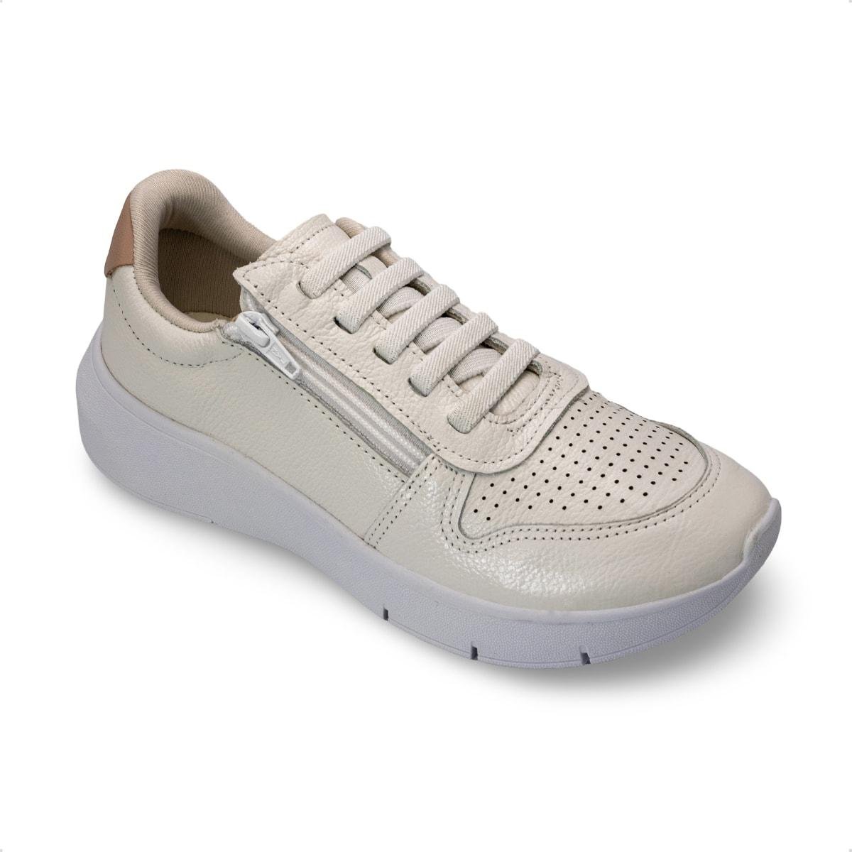 Tênis Usaflex Feminino Couro Zíper Cadarço Elástico Casual AP11005 Branco 2