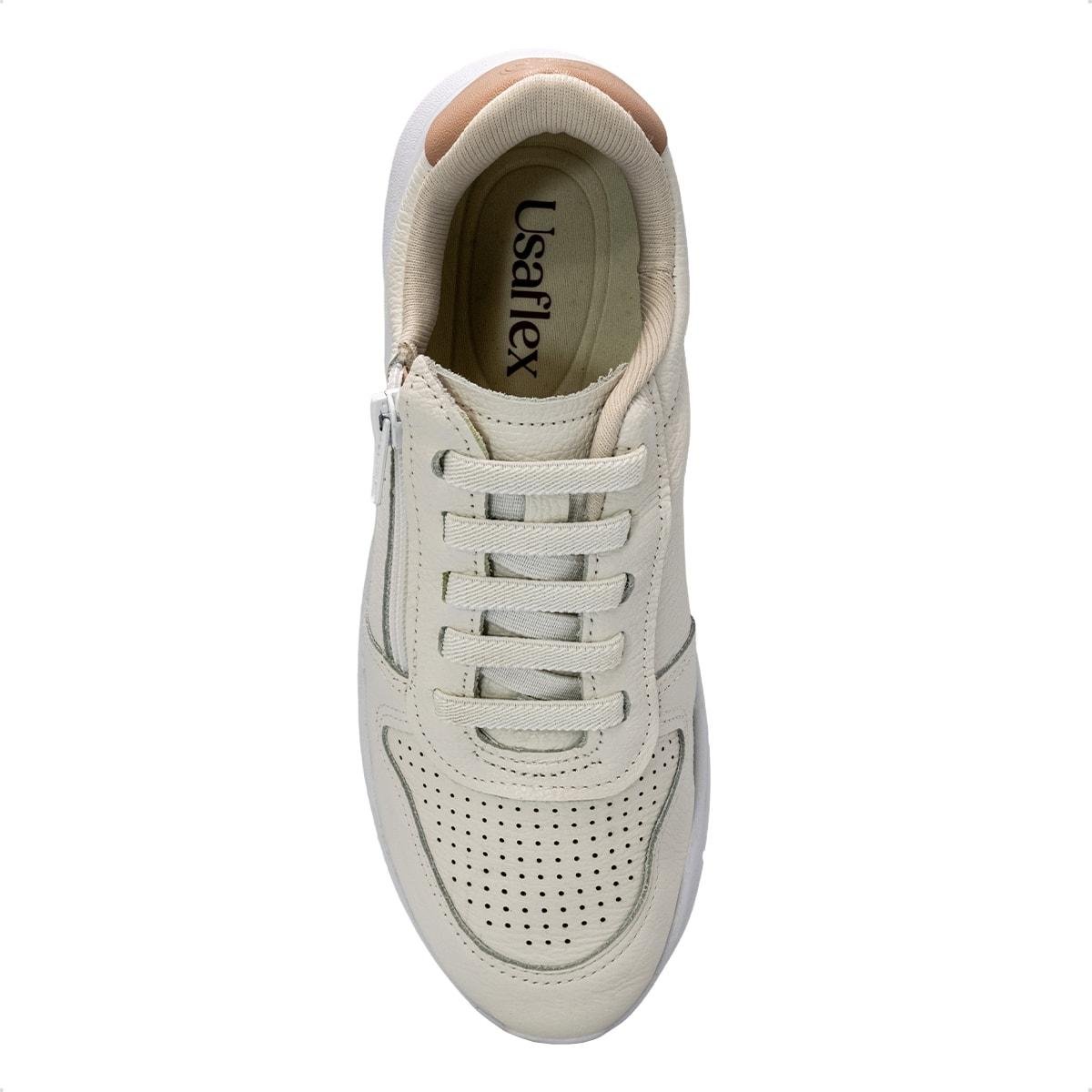 Tênis Usaflex Feminino Couro Zíper Cadarço Elástico Casual AP11005 Branco 3