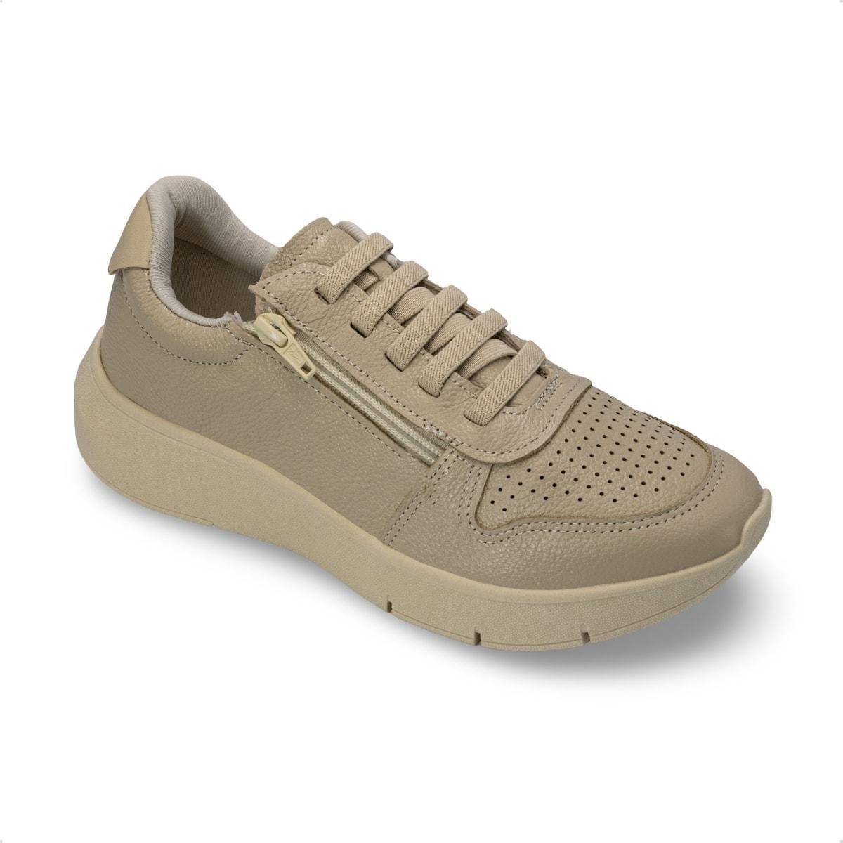 Tênis Usaflex Feminino Couro Zíper Cadarço Elástico Casual AP11005 Bege 2