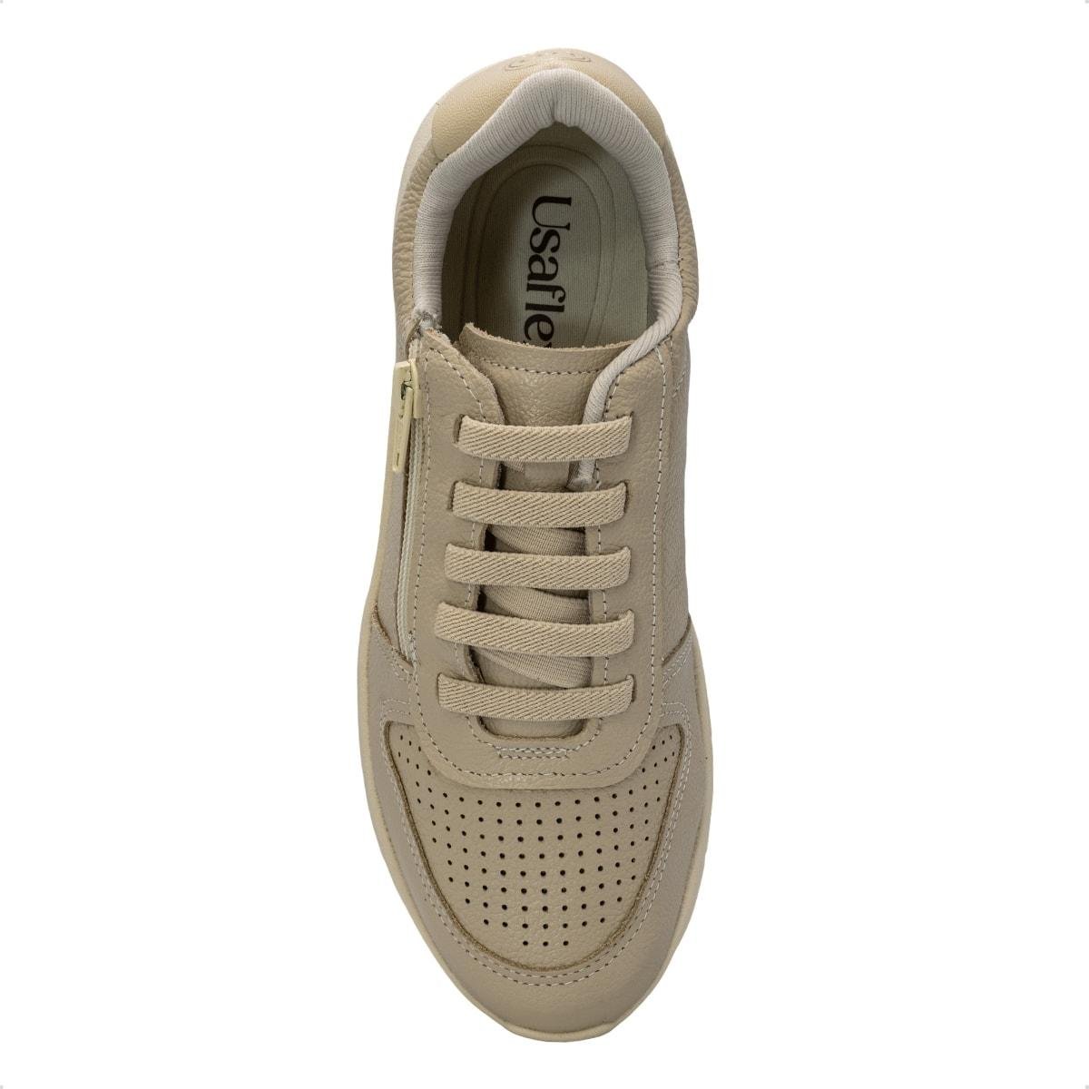 Tênis Usaflex Feminino Couro Zíper Cadarço Elástico Casual AP11005 Bege 3