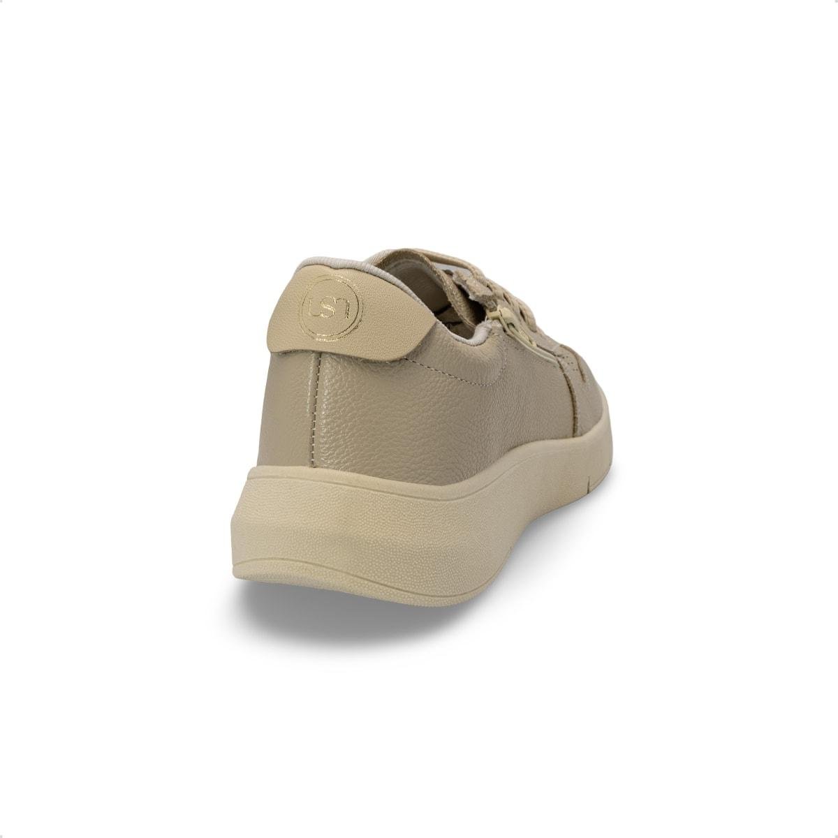 Tênis Usaflex Feminino Couro Zíper Cadarço Elástico Casual AP11005 Bege 4