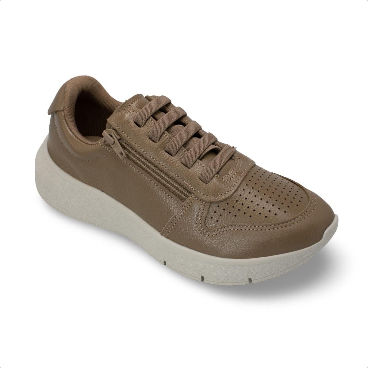 Tênis Usaflex Feminino Couro Zíper Cadarço Elástico Casual AP11005 Marrom 2