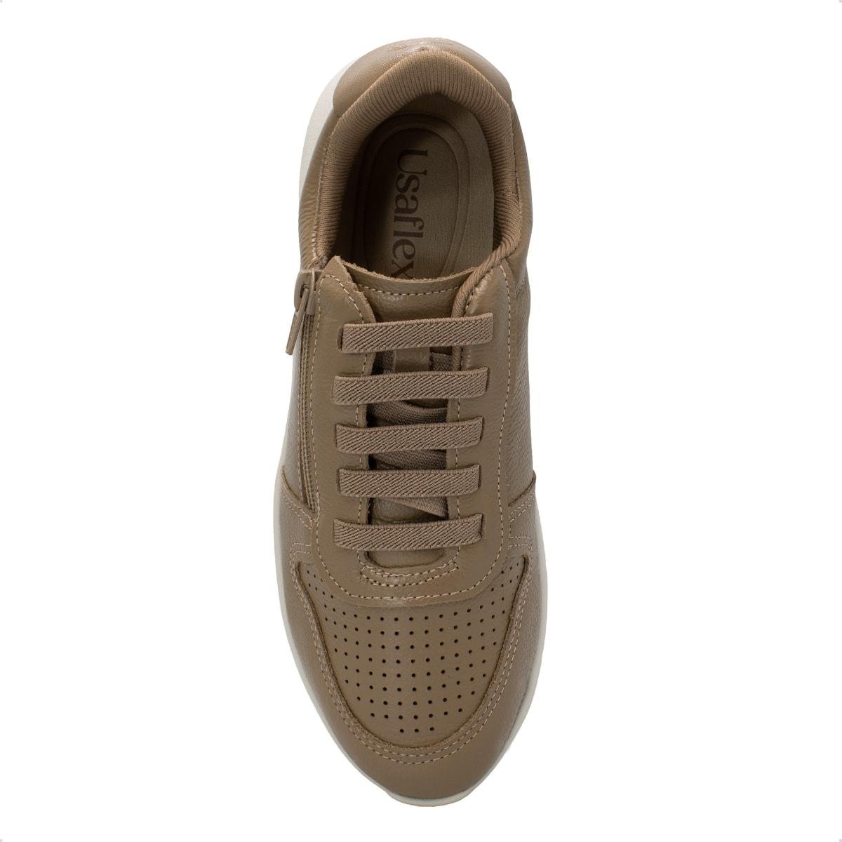 Tênis Usaflex Feminino Couro Zíper Cadarço Elástico Casual AP11005 Marrom 3