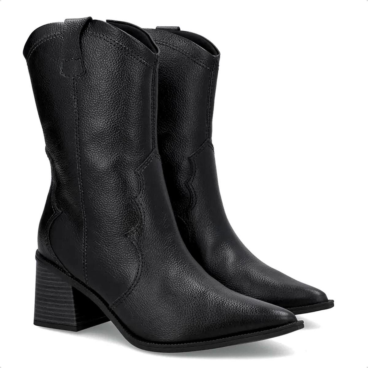 Bota Usaflex Feminina em Couro Bico Fino Western AP18002 Preto 2