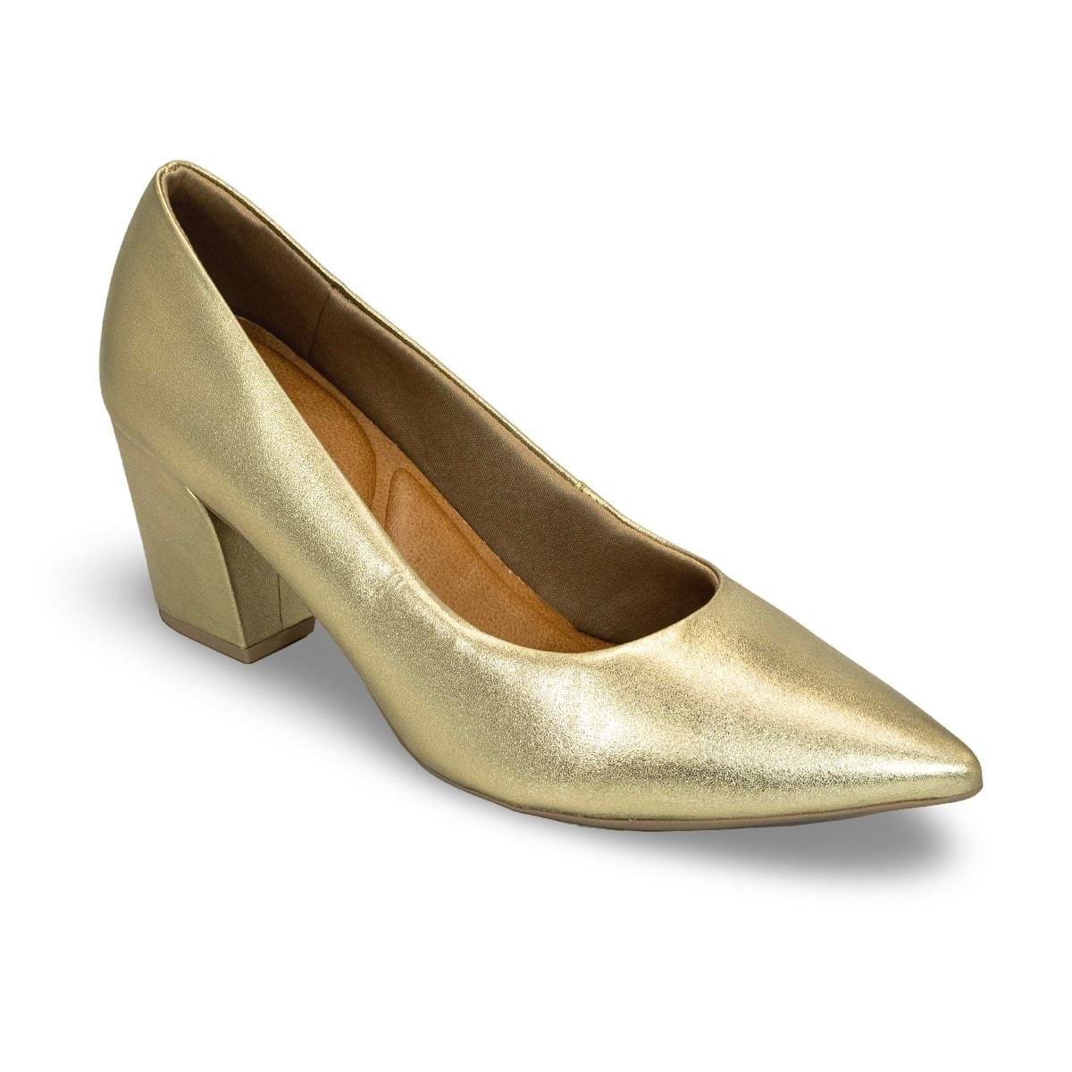 Scarpin Usaflex Feminino Salto Bloco Couro Bico Fino EP12001 Dourado 2
