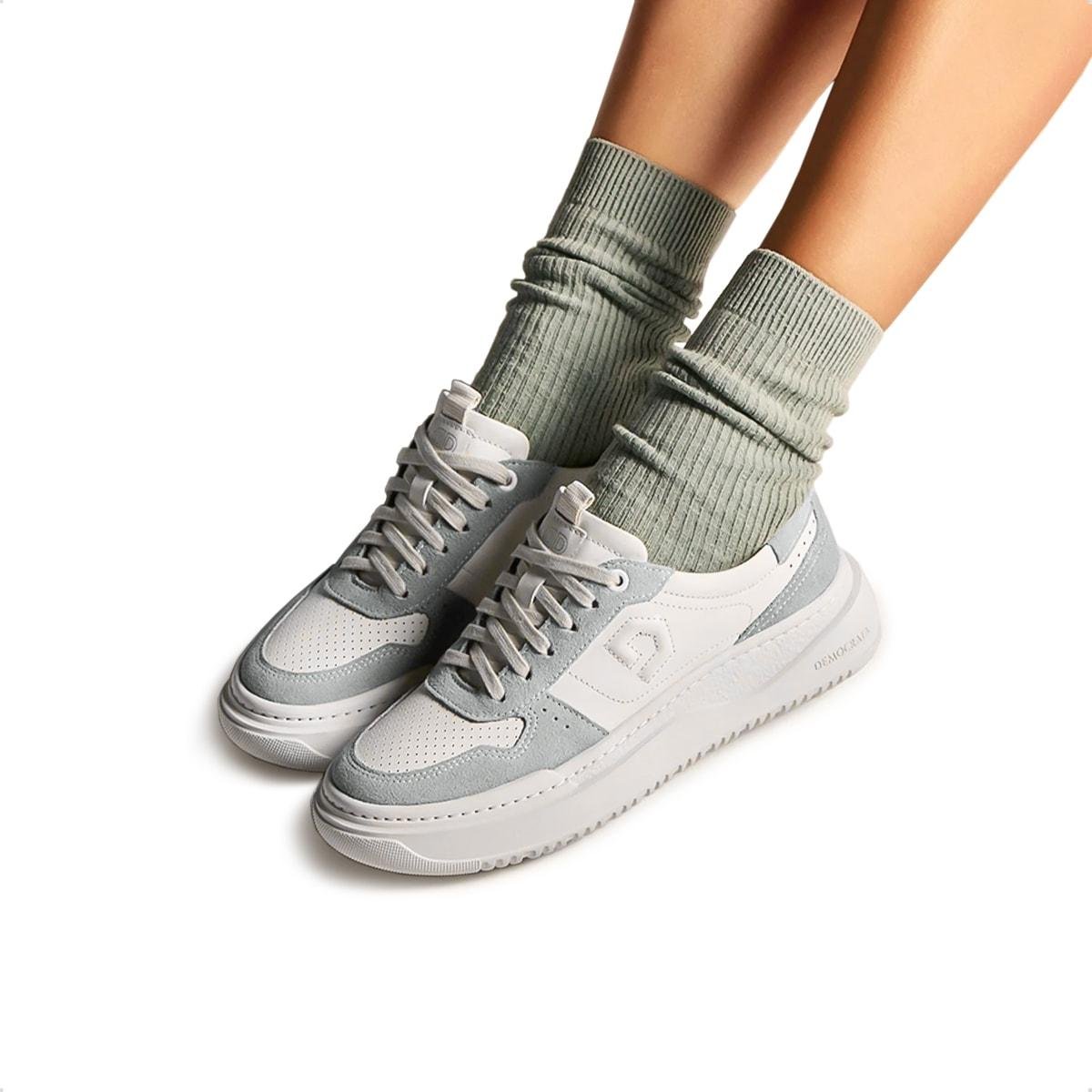 Tênis de Couro Democrata Feminino Denim Block 616101 Off White/Cinza 4