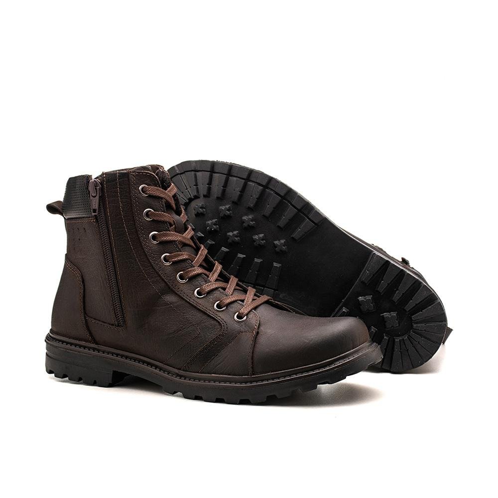 Bota Coturno Couro Cadarço Zíper Masculina Casual Dia a Dia Marrom 4