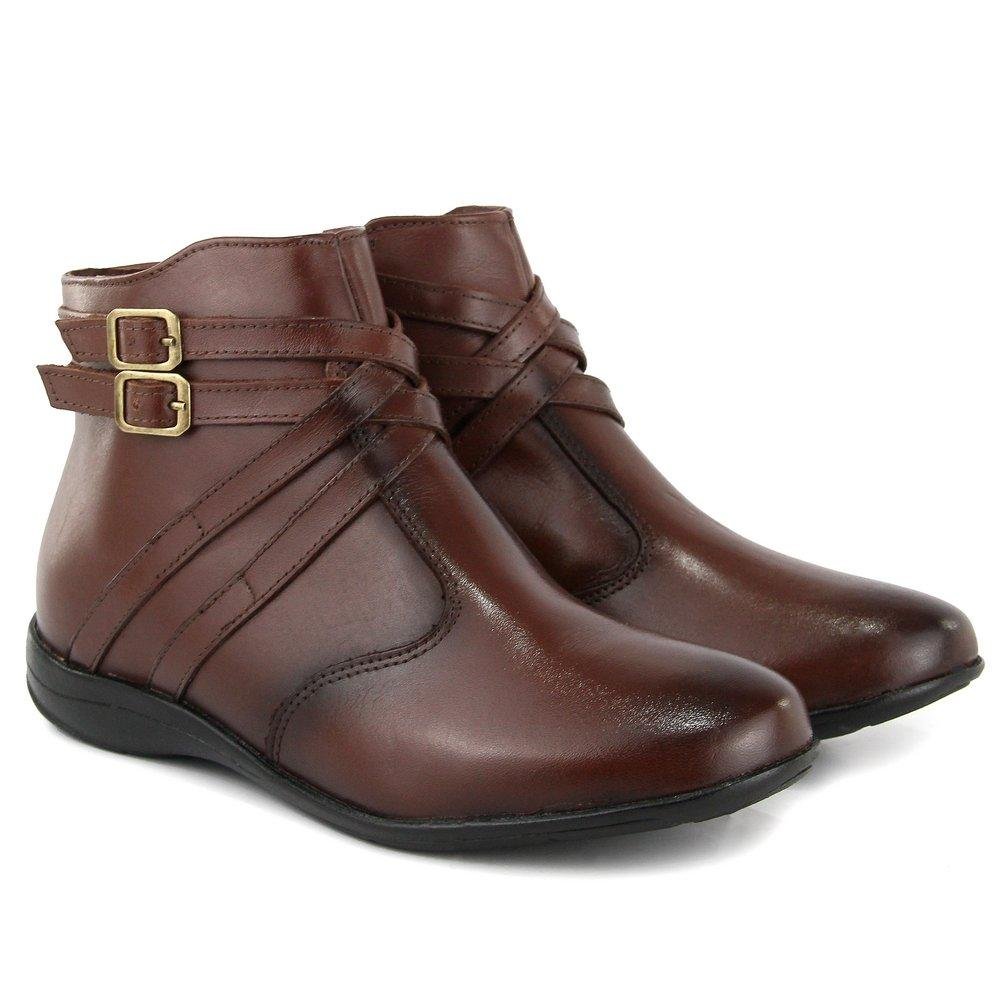 Bota Casual Couro Feminina Cano Curto Lisa Básica Dia a Dia Marrom 1
