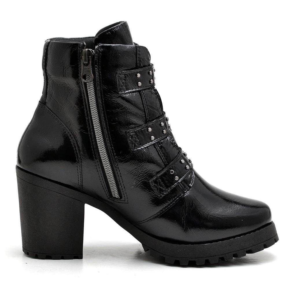 Bota Coturno Feminina Couro Cano Médio Verniz Estilo Moda Preto 2