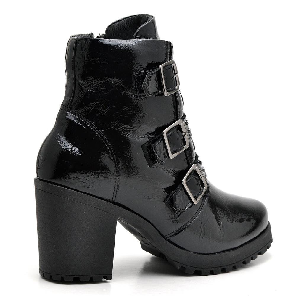Bota Coturno Feminina Couro Cano Médio Verniz Estilo Moda Preto 3