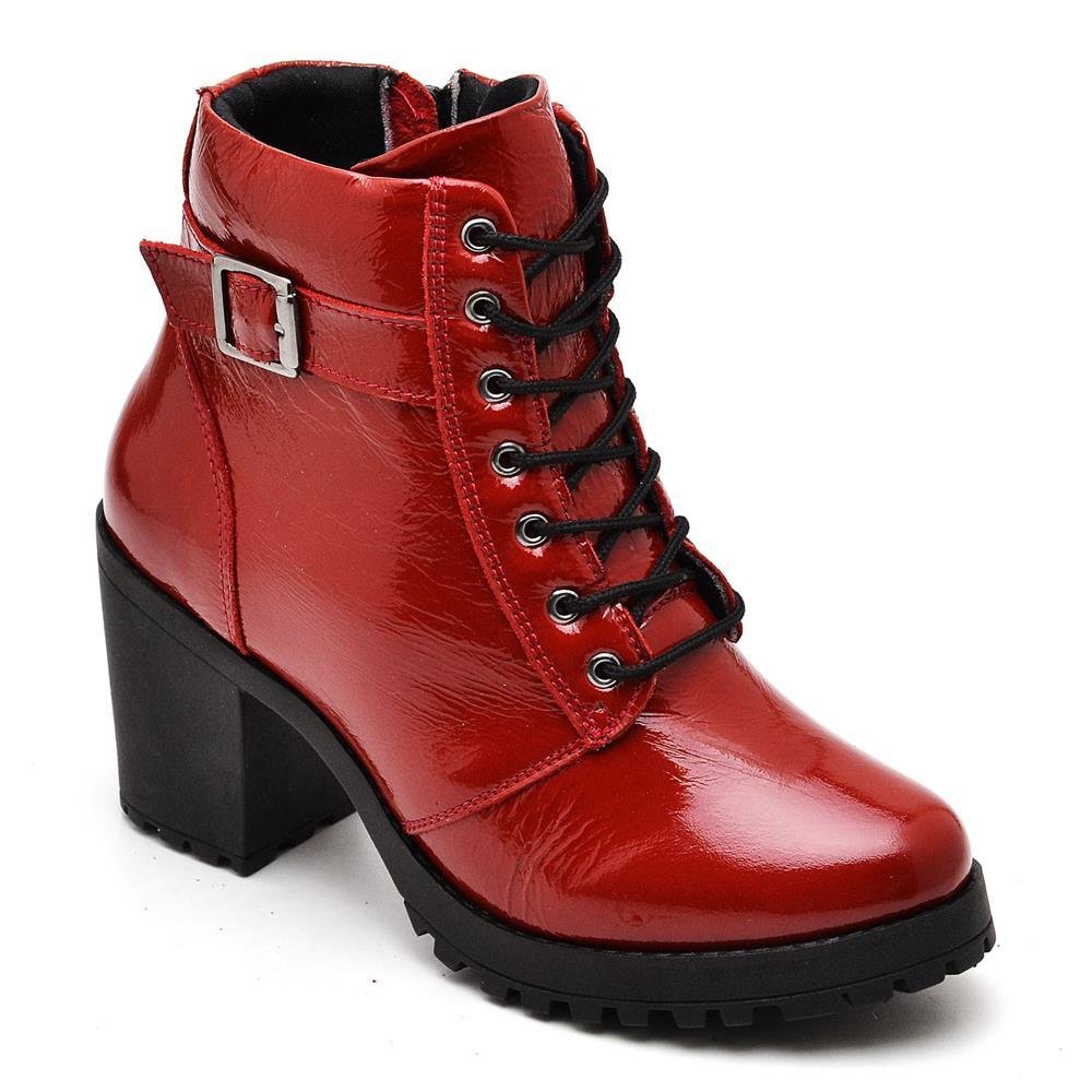 Bota Coturno Feminina Couro Cano Médio Verniz Moda Estilo Vermelho 1
