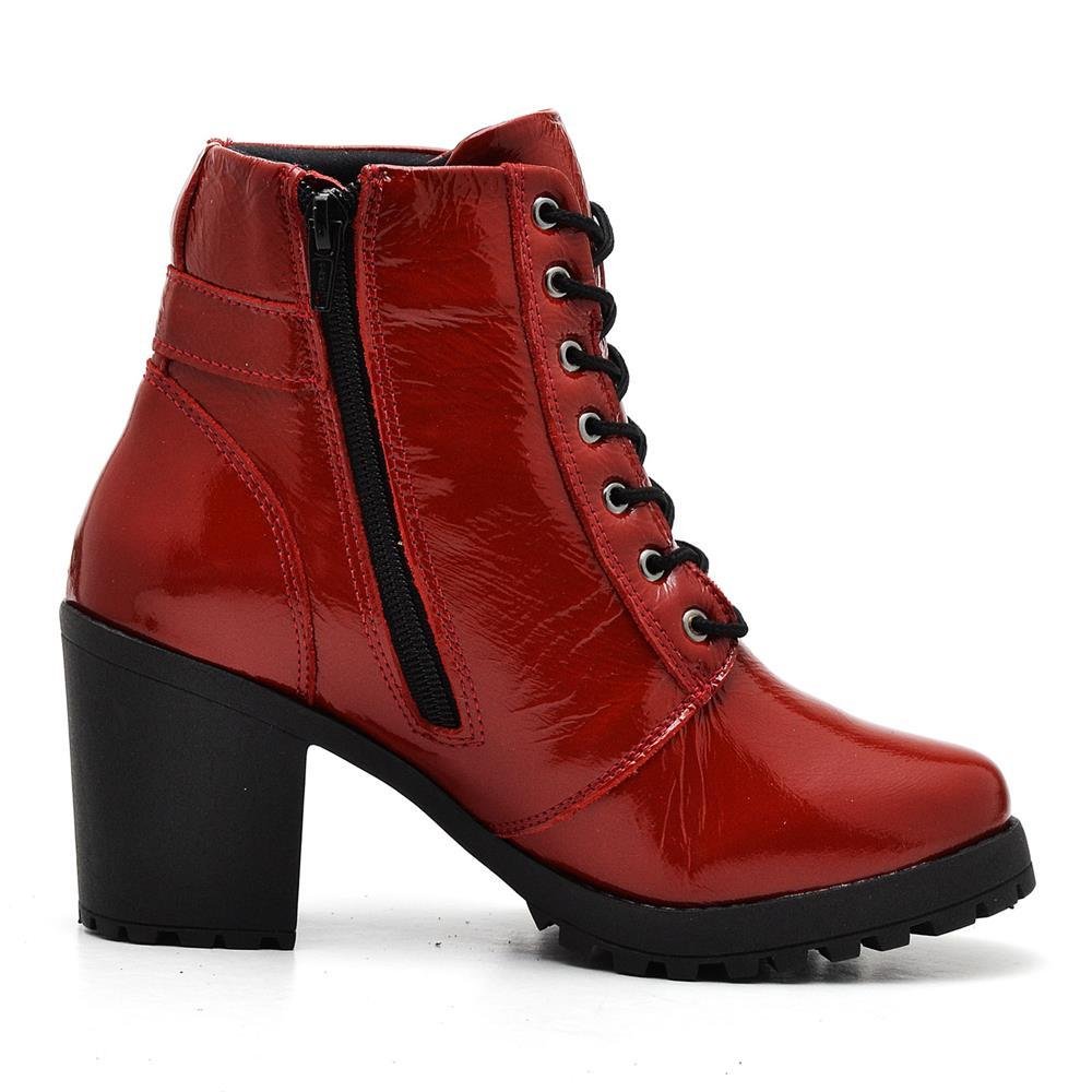 Bota Coturno Feminina Couro Cano Médio Verniz Moda Estilo Vermelho 2