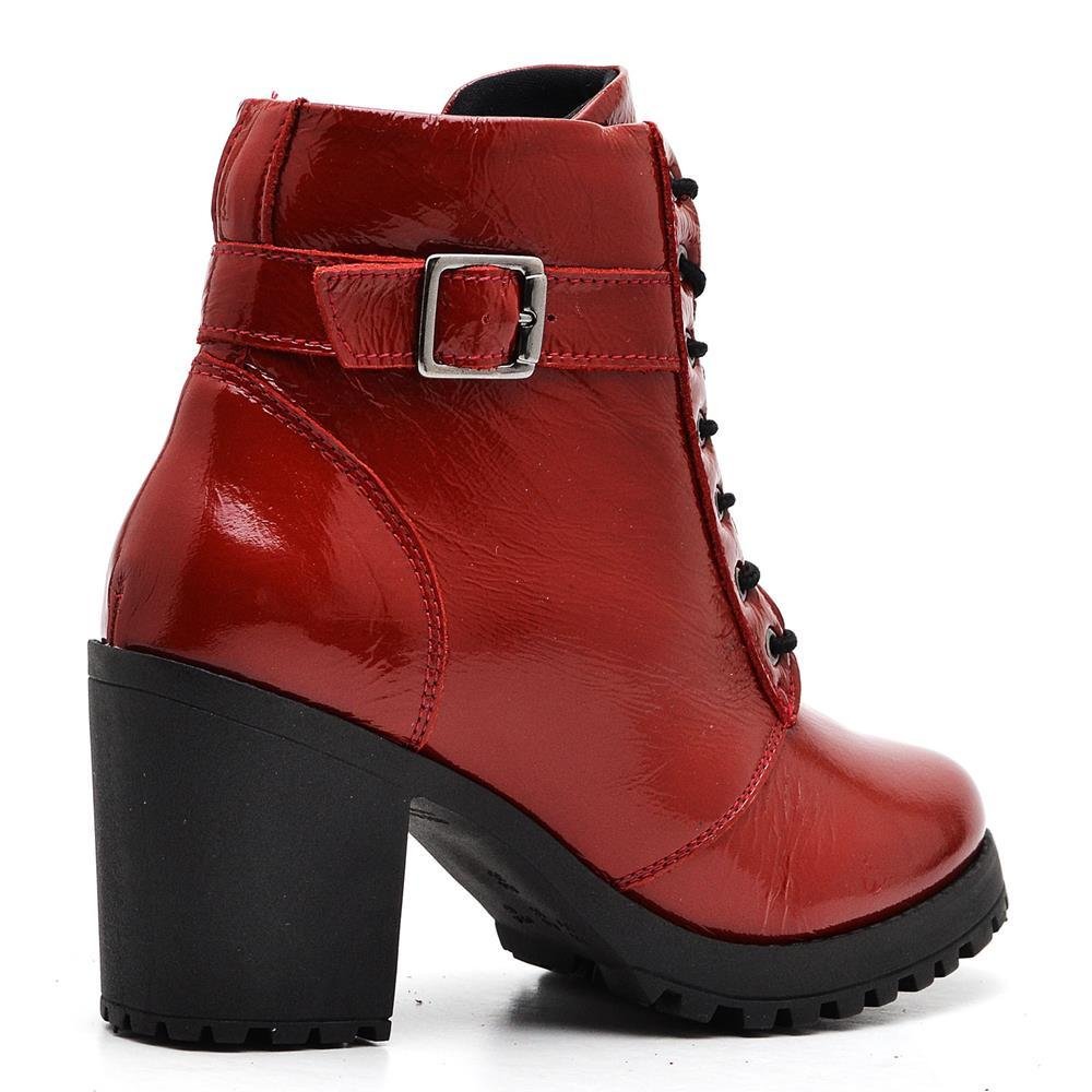 Bota Coturno Feminina Couro Cano Médio Verniz Moda Estilo Vermelho 3