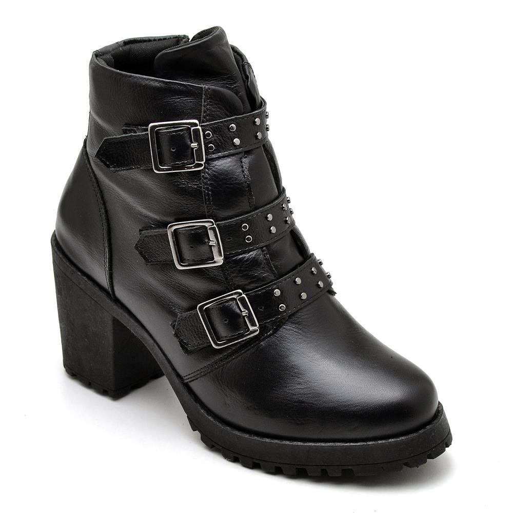 Bota Coturno Feminina Couro Fívela Cano Médio Estilo Moda Preto 1