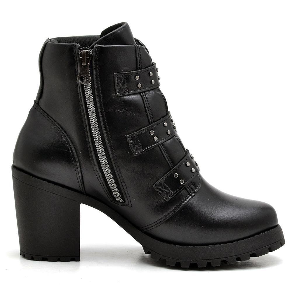 Bota Coturno Feminina Couro Fívela Cano Médio Estilo Moda Preto 2